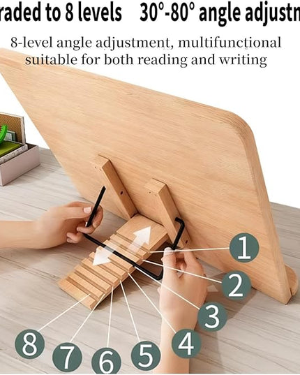 Reading Rack Wooden Bookshelf - Book Stand Foldable with 8 Adjustable Positions and Page Clips,Suitable for cookbooks、iPads、laptops、Sheet Music、and Reading Stands(13.4x9.45inch)