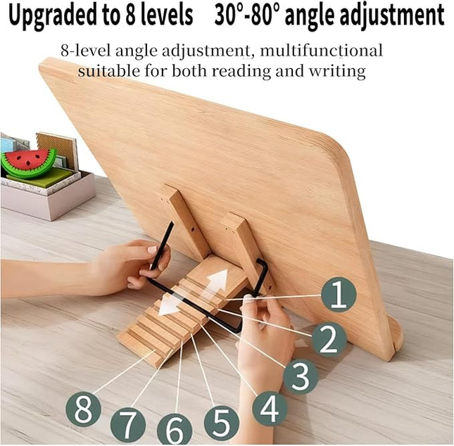 Reading Rack Wooden Bookshelf - Book Stand Foldable with 8 Adjustable Positions and Page Clips,Suitable for cookbooks、iPads、laptops、Sheet Music、and Reading Stands(15x11.4inch)