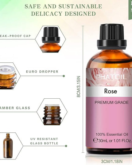 Rose Essential Oil, 1.01Fl.Oz (30ML) PHATOIL Pure Essential Oil Singles for Aromatherapy Diffusers, Humidifiers, Great for DIY Candle and Soap Making, Gift for Friend