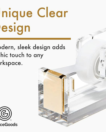 OfficeGoods Acrylic Tape Dispenser – Modern Desk Organizer for Office Supplies – Heavy Duty Refillable Tape Holder for Home and School Crafting – Stylish Desktop Accessory for Gift Wrapping, Gold