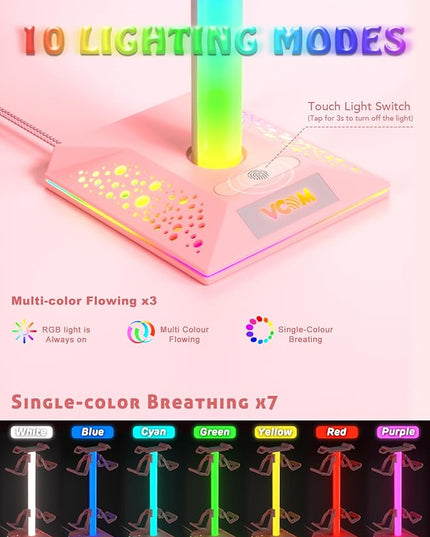 VCOM RGB Gaming Headphones Stand with 2 USB Ports, Pink Headset Stand with 10 Light Modes and Non-Slip Rubber, Suitable for PC Desk Accessories Gamers Gift(Pink)