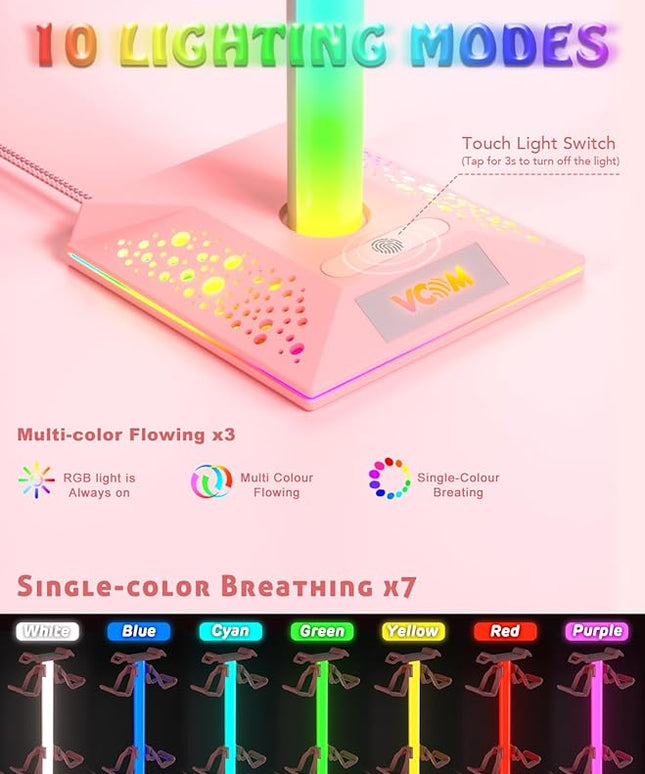 VCOM RGB Gaming Headphones Stand with 2 USB Ports, Pink Headset Stand with 10 Light Modes and Non-Slip Rubber, Suitable for PC Desk Accessories Gamers Gift(Pink)