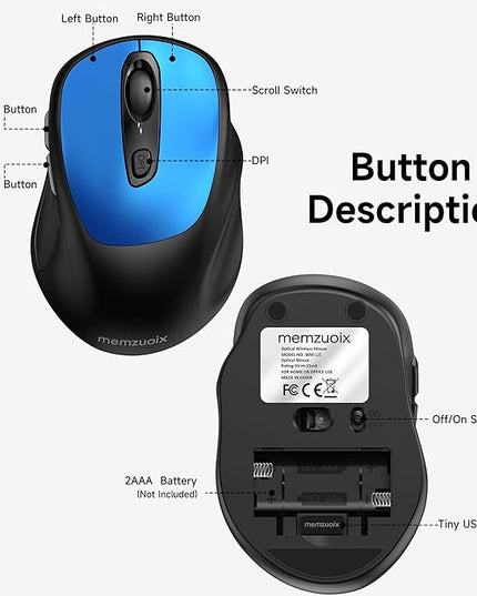 memzuoix Wireless Mouse, 2.4GHz Nano Receiver, 3 DPI Levels (800/1200/1600), 6 Buttons, Compatible with PC/Mac/Laptop (Blue)