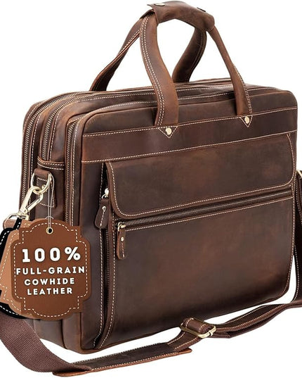 Luxorro Full Grain Leather Briefcase for Men, Top Choice Gifts, Handcrafted Laptop Bag with Multiple Compartments and Brass Hardware, Fits 15.6 Inch Laptop