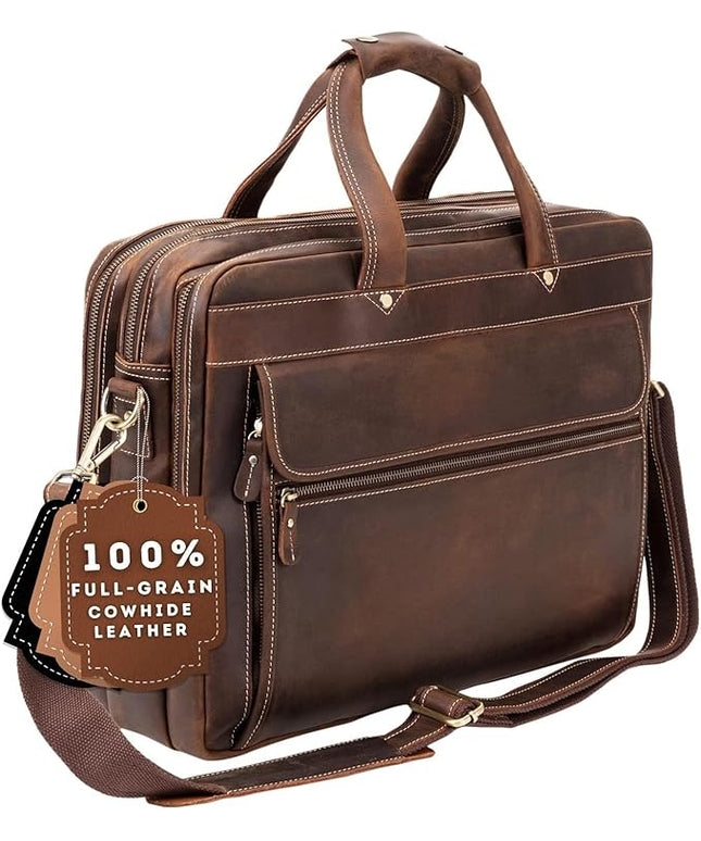 Luxorro Full Grain Leather Briefcase for Men, Top Choice Gifts, Handcrafted Laptop Bag with Multiple Compartments and Brass Hardware, Fits 15.6 Inch Laptop
