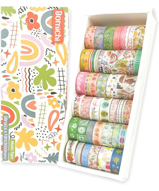 Bomichi 38 Rolls Washi Tape, Aesthetic Colored Decorative Cute Scrapbook Tape for Scrapbooking Supplies Journaling Craft Junk Journal