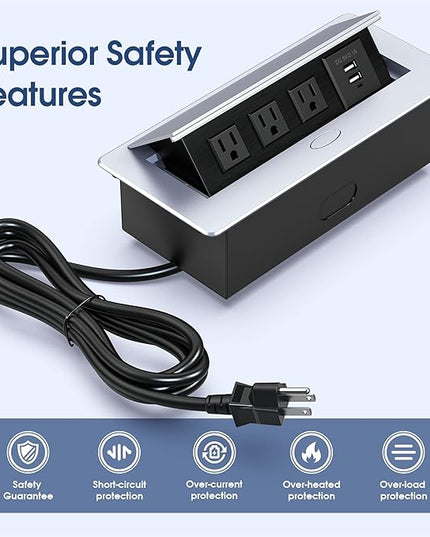 KYHSHJ Connection Box Desktop Pop Up Outlet with 2 USB Ports & 3 Outlets (Silver)