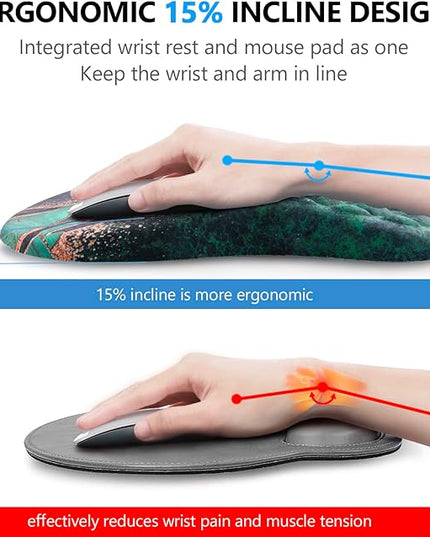 Mouse Pad Wrist Support, Laokiiy 2 in1 Keyboard Wrist Rest+ Ergonomic Mouse Pad, Non-Slip Wrist Rest for Computer Keyboard, Made Easy Typing & Relieve Wrist Pain（Green Gold Black Marble）