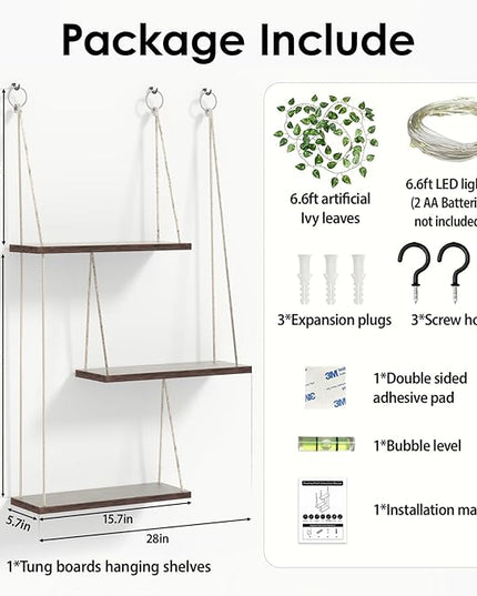 Hanging Shelves for Wall, 3 Tier Boho Wall Decor Hanging Shelf with Vine Lights, Rope Rustic Wood Floating Shelves Floral Plant Decor for Bedroom Living Room Dorm Office Women