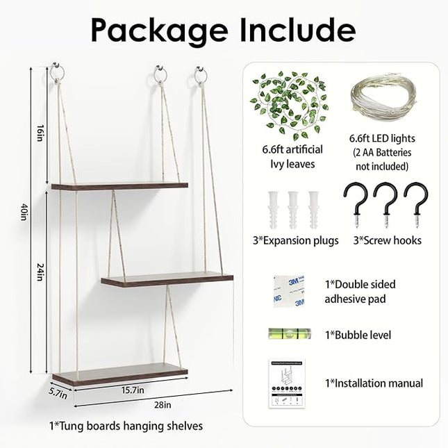 Hanging Shelves for Wall, 3 Tier Boho Wall Decor Hanging Shelf with Vine Lights, Rope Rustic Wood Floating Shelves Floral Plant Decor for Bedroom Living Room Dorm Office Women