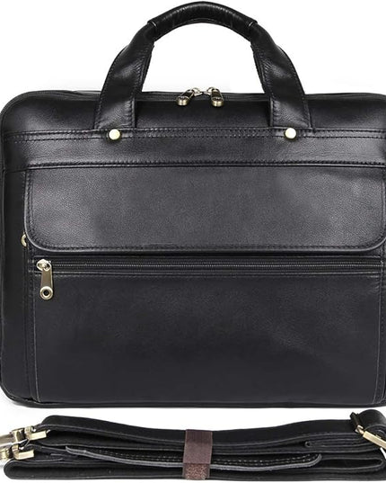 Augus Leather Briefcase for Men Business Travel Messenger Bags 15.6 Inch Laptop Bag, Black