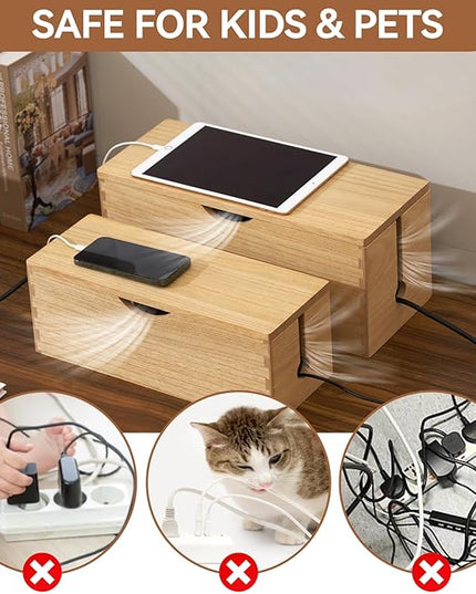 KIRIGEN Cable Management Box Wooden Cord Organizer Hide Power Strip Desk Wires Protector for Home Office TV Computer (DXH2T-NA)
