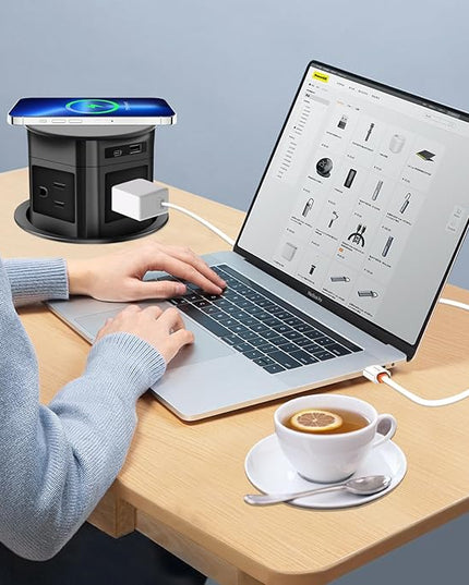 Pop Up Outlet; 15W Wireless Charger, 4 Outlets 1875W USB-A/C PD20W Super Charging 6.5FT 16AWG Cable 3.86 inch Desk Hole Pop Up Power Outlet for Kitchen Countertop,Office Table (Black)