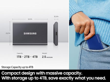 SAMSUNG T7 Portable SSD, 4TB External Solid State Drive, Speeds Up to 1,050MB/s, USB 3.2 Gen 2, Reliable Storage for Gaming, Students, Professionals, MU-PC4T0T/AM, Gray