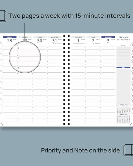 POPRUN 2026 Weekly Planner (A4-8.25'' x 11.75''), Quarter-Hourly Appointment Book (Jan. 2026 to Dec. 2026) with Monthly Tabs, Spiral Softcover, 2 Inner Pockets, Pen Holder - Indigo Blue