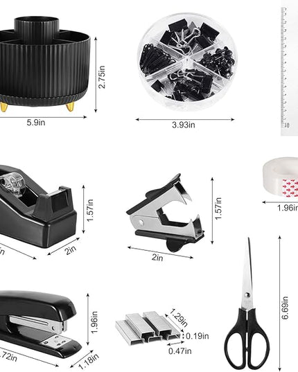 Desk Organizers and Accessories Set with 360-Degree Rotating Pen Holder, Tape Dispenser, Stapler, Staple Remover, 1000 Staples, Tape, Clips Set, Ruler, Scissor, Pen