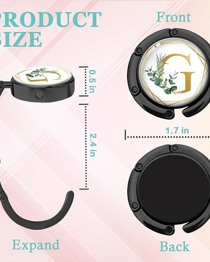 Gold Initial Foldable Purse Hook Gifts, Eucalyptus Letter Handbag Hanger, Women's Bag Hanger Holder, Round Purse Table Hook, Funny Desk Decor Gifts for Women Coworker Friend (Eucalyptus G)