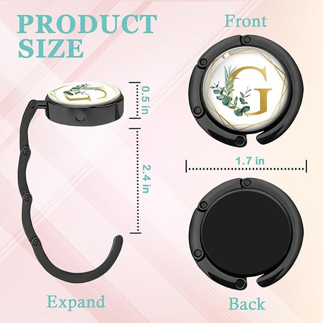 Gold Initial Foldable Purse Hook Gifts, Eucalyptus Letter Handbag Hanger, Women's Bag Hanger Holder, Round Purse Table Hook, Funny Desk Decor Gifts for Women Coworker Friend (Eucalyptus G)