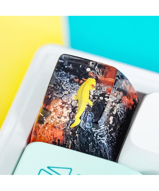 Yellow Axolotl in Red Black Ocean Coral Artisan Keycap R1 SA Profile Custom Animal Keycaps 1U ESC Handmade Gaming Resin Key Cap Cherry MX Switch Compatible Mechanical Keyboard Axolotl Lover Gift