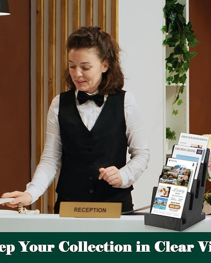 2 Pack 4 Tier Wood Brochure Holder Stand 6 x 9 inch Black Literature Holder Flyer holder for 5.5 x 8.5 inch 5 x 7 inch Booklets Pamphlets Menus Magazines Multi Purpose Organizer