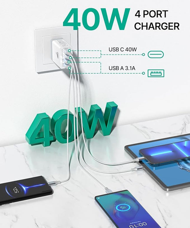 [2-Pack] USB C Wall Charger, Aiminu 40W Fast USB C Charger, 4-Port QC+PD 3.0 Power Adapter Double Fast Wall Plug Type C Charging Block for iPhone 15/14 Pro Max/13/12 mini/11/XS/XR,Tablet, Cube