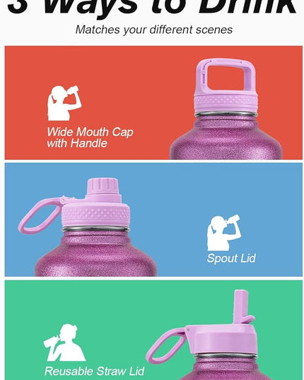 Coolflask Half Gallon Water Bottle Insulated with Straw & 3 Lids, 64 oz Water Jug Large Metal Stainless Steel Wide Mouth for Sports, Gym or Office, Non-BPA Keep Cold 48H Hot 24H, Glitter Pink