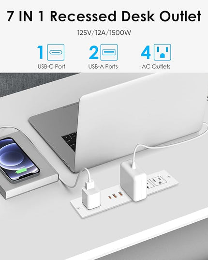 VILONG Recessed Power Strip with PD 20W USB-C, Flush Mounted Drawer Outlet, 4 Outlets & 3 USB Ports, Conference Desktop Built in Power Strip, 6.5FT Extension Cord(White)