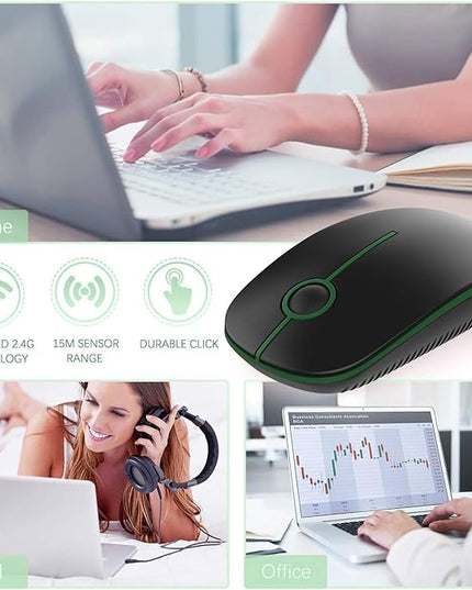 VssoPlor Wireless Mouse, 2.4G Slim Portable Computer Laptop Mouse with Nano Receiver Quiet Silent Optical Mice for Notebook, PC, Laptop, Computer-Black and Green