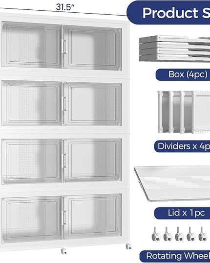 200Gal Stackable Storage Bins with Lid, 800Qt Extra Large Collapsible Storage Box with Wheels, Dividers, Folding Plastic Cabinet Closet Organizers for Home Kitchen Office Dorm, 4Pack White