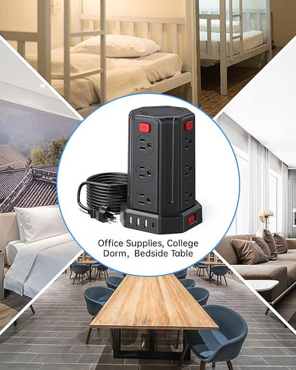 Power Strip Surge Protector, 10 Ft Extension Cord with 12 AC Multiple Outlets 4 USB (1 USB C), SMALLRT Power Tower Desktop Charging Station (Black, 10 FT PD20W)