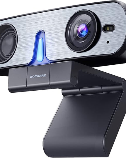 ROCWARE RC08 2K Webcam with Speaker, Webcam for PC, HD Web Cam with Noise Reduction Mic/Harman Speaker/4X Eptz/Privacy Cover/0.2S Auto-Focus/Low Illumination, Computer Camera for Zoom/Teams/Meeting