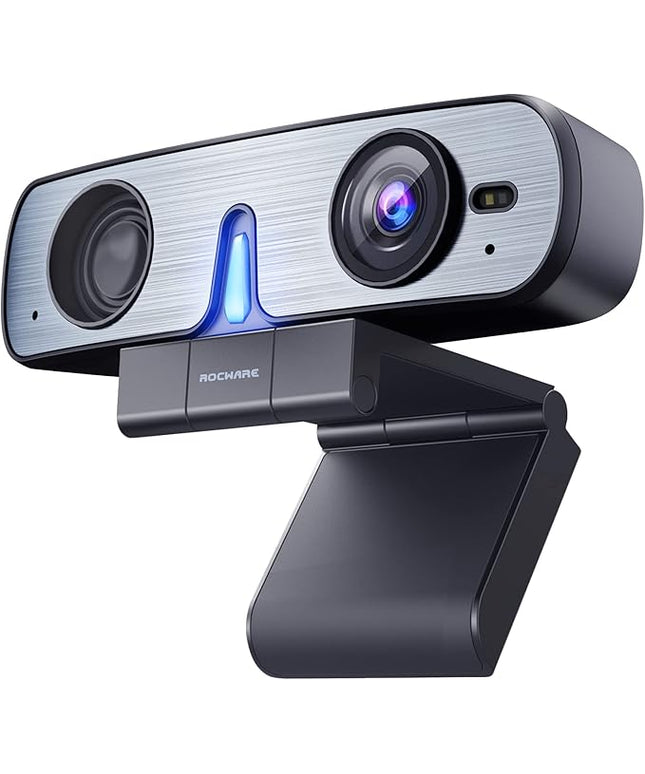 ROCWARE RC08 2K Webcam with Speaker, Webcam for PC, HD Web Cam with Noise Reduction Mic/Harman Speaker/4X Eptz/Privacy Cover/0.2S Auto-Focus/Low Illumination, Computer Camera for Zoom/Teams/Meeting