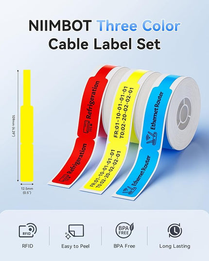 NIIMBOT D11 D110 Label Maker Tape Adhesive White Label Paper 0.47" X 4.29" (12.5 X 109mm) 65 Labels/Roll, Compatible for NIIMBOT D11 D110 Label Printer, Thermal Paper,Red Yellow Blue, 3-Roll