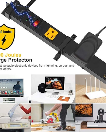 SURAIELEC 10 Outlet Long Power Strip Surge Protector, Industrial Heavy Duty Metal Shop Power Strip Flat Plug, 1000 Joules, 15 A Breaker, 6FT Cord, Wall Mountable, for Work Bench, Shop, Garage, 2 Pack