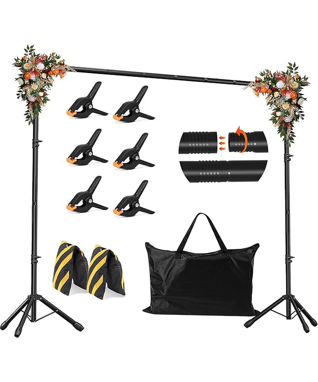 JSungo 10x6.5 FT Backdrop Stand for Parties, Adjustable Photo Backdrop Stand Kit with Carrying Bag, Portable Background Stand Backdrop for Wedding, Photoshoot, and Photo Studio