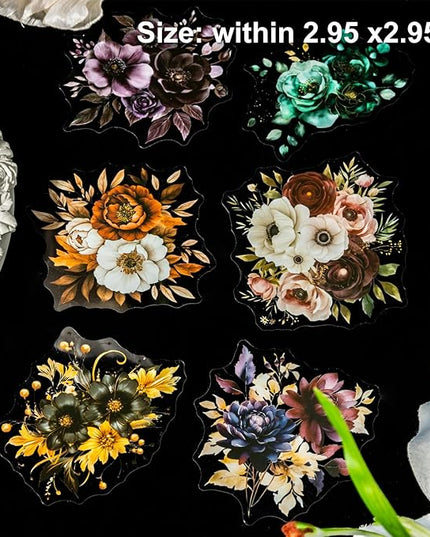 AuriicLeaf Blooming in The Dark Night PET Stickers, 120 Pcs Gothic Dark Floral Stickers for Scrapbooking, Journaling, Collage Supplies, and DIY Crafts