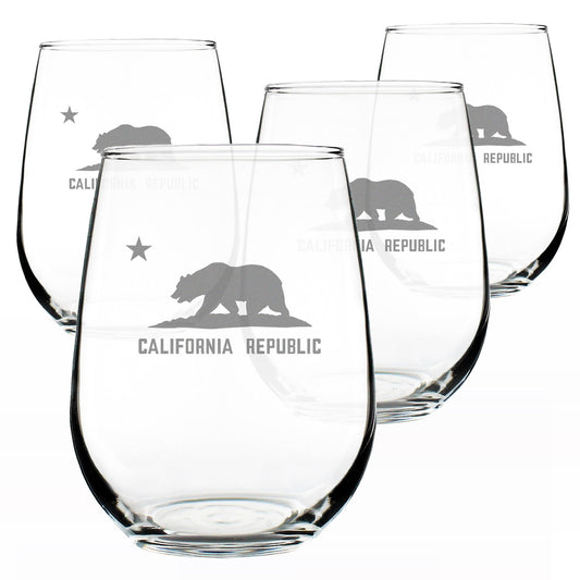 California Flag Stemless Wine Glass for Californians - 17 oz - Set of 4