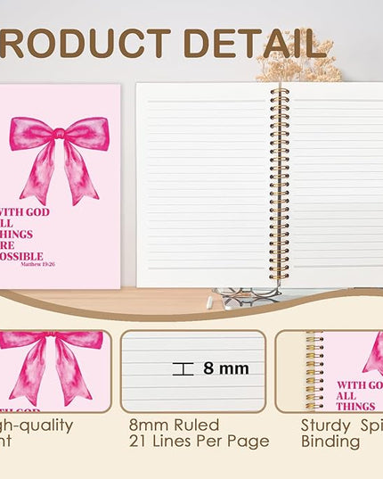 FDHSPAAM Coquette Pink Bow Christian Spiral Journal Notebook 5.5x8.3in, with God All Things Are Possible Inspirational Prayer Journal for Woman, Inspirational Bible Notebooks for Note Taking