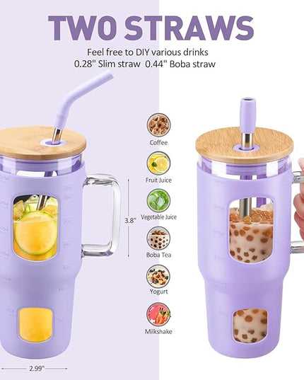 32 oz Glass Tumbler with Straw and Lid, Glass Water Bottles with Time Marker, Silicone Protective Sleeve - Purple