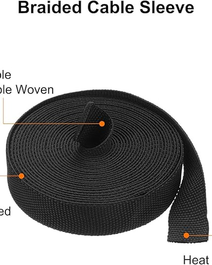 MECCANIXITY Braided Cable Sleeves Heat Shrinkable Fabric Sleeving, 3/8" 16ft Black 2:1 Ratio Heat Shrinkable Cord Protector for Harness Cable, Network Cable Protection, Cable Management