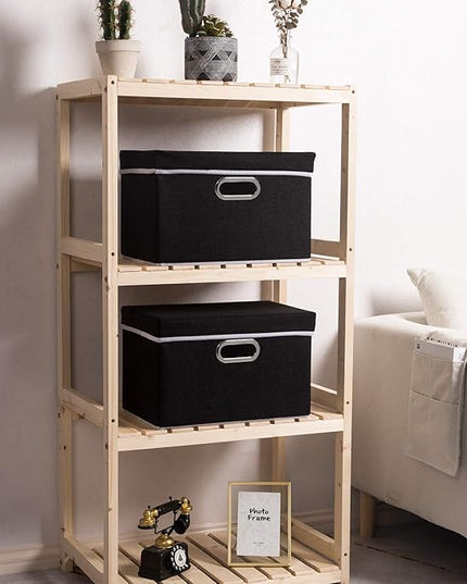 PRANDOM Foldable Storage Box with Lid [3-Pack] Fabric Collapsible Storage Bin Organizer Container Basket Cube with Cover for Home Bedroom Closet Office Nursery Black (14.9x9.8x9.8)