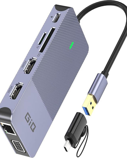 USB Docking Station GIQ USB C HUB USB 3.0 to Dual HDMI VGA Adapter Triple Display USB C Laptop Docking Station Dual Monitor HDMI Splitter Extender Compatible with MacBook M1 M2 M3 USB Dock-Grey