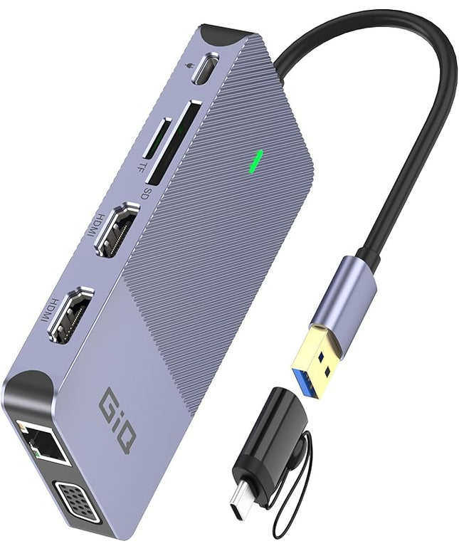 USB Docking Station GIQ USB C HUB USB 3.0 to Dual HDMI VGA Adapter Triple Display USB C Laptop Docking Station Dual Monitor HDMI Splitter Extender Compatible with MacBook M1 M2 M3 USB Dock-Grey