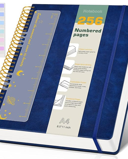 B5 Spiral Notebook Journal 7.6” x 10”, 300 Numbered Pages Hardcover Leather Journals for Women Men, Large Lined College Ruled Notebooks, 100GSM Thick Paper, Spiral Bound Journal for Work School, Navy