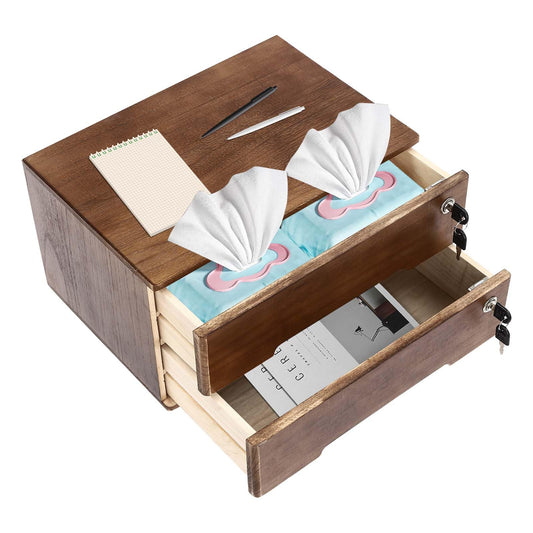 Wooden Desktop Storage Box with Lockable Drawers,2 Drawer Desktop Organizer Cabinet,Flat File Cabinet,Countertop Storage Cabinet for Office Home Toiletries Supplies Vanity (Walnut 2 locks)