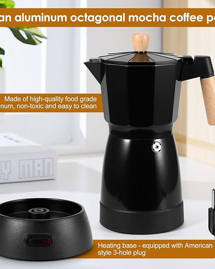 Electric Espresso Coffee Maker, 6 Cup Coffee Pot with Detachable Base Portable Aluminum Italian Moka Maker Electric Moka Pot for Home Cafe Outdoor Office
