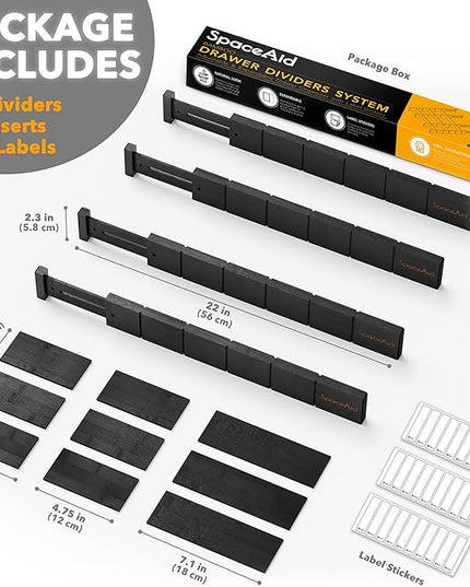 SpaceAid Bamboo Drawer Dividers with Inserts and Labels, Kitchen Adjustable Drawer Organizers, Expandable Organization for Home, Office, Dressers, 4 Dividers with 9 Inserts (17"-22" Black)