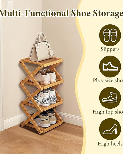 YYW Shoe Rack, Foldable Shoes Organizer Free Standing Shelf for Entryway, Closet, Hallway, Foldable X Shape Multi Tier Shoe Rack (Wood Color,4 Layers)