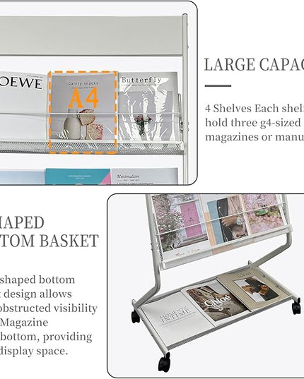 tongmo Floor-Standing Magazine Rack 4-Layer with Wheels, Brochure Display Stand, High-hardness metal for Exhibitions, Office, and Any Organization Requiring Information Display (White)