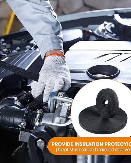 SUNNAREPOON Black 2:1 Ratio Automotive Heat Shrink Braided Sleeving,Wear-Resistant Flat Woven Shrinkable Sleeve Fabric Car Cable Wires Hoses Protection (1/2"-12ft)